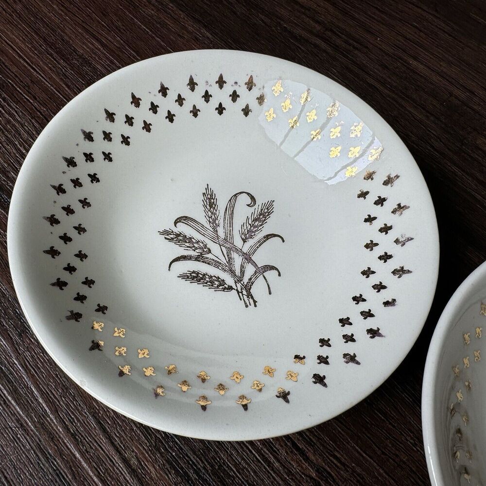 Vintage HOMER LAUGHLIN FLEUR DE LIS GOLDEN WHEAT 5 Bowls Set 5 1/2” + Sugar Dish - Picture 3 of 13
